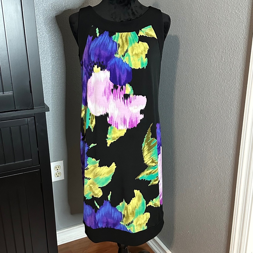 Abstract‎ Floral Sheath Dress Size 8 Sleeveless Black Colorblock Office Artsy